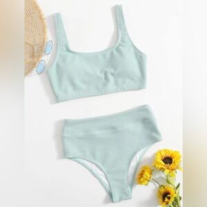 Scoop Neck High Waisted Textured Bikini Swimsuit